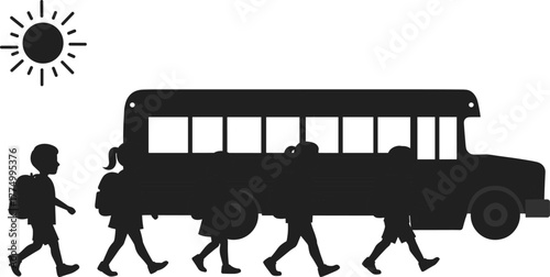 School bus silhouette with children walking, kids carrying backpacks, student transportation vector set, education design, childhood activity, family lifestyle, back to school illustration