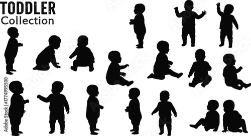 Toddler silhouette vector illustration, crawling, sitting, standing, walking, playing,