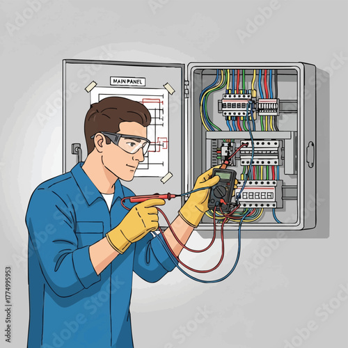 An electrician wearing safety glasses and gloves is using a multimeter to test the voltage of a circuit breaker in an electrical panel.