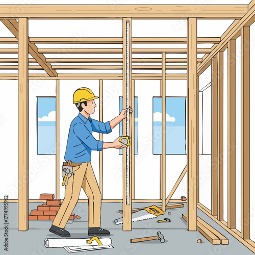 A construction worker is diligently measuring the frame of a building with a tape measure, ensuring precise alignment and structural integrity for the new building.