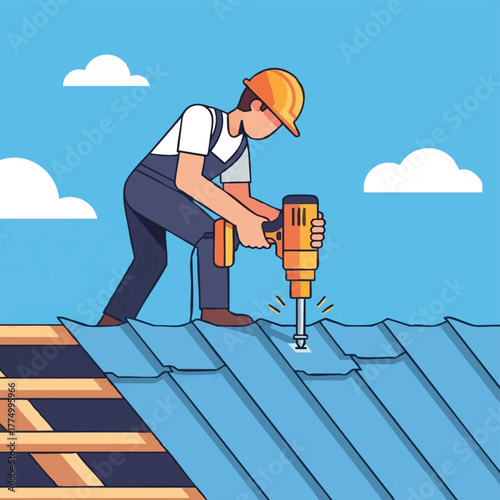 A skilled construction worker is depicted using a drill to repair or install a new roof, showcasing expertise in building maintenance and home improvement.