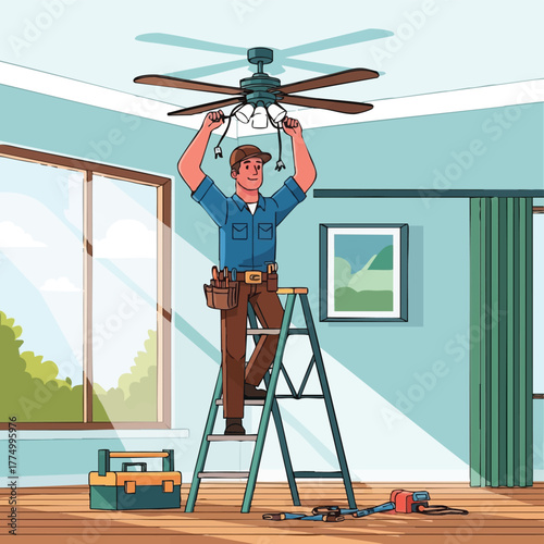 A skilled handyman is shown on a ladder, expertly installing a ceiling fan in a well-lit room, showcasing home improvement and professional service.