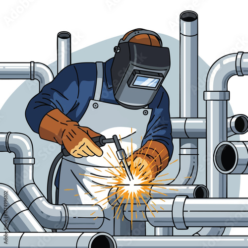 A skilled welder meticulously works on a complex network of metal pipes, using his torch to create strong and durable joints with precision.