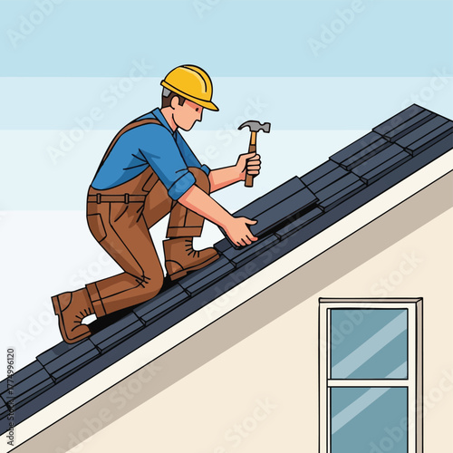 A construction worker in a hard hat carefully installs roof tiles on a residential house during a sunny day, ensuring a secure and durable roof.