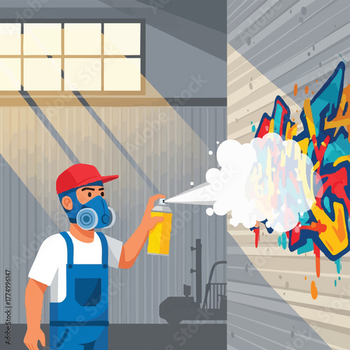 An artist wearing a respirator sprays graffiti art onto a concrete wall in a workshop, creating urban street art with a spray can.
