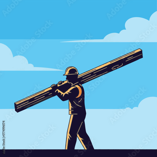 A construction worker carries a wooden beam across his shoulders against a blue sky, symbolizing labor and building.
