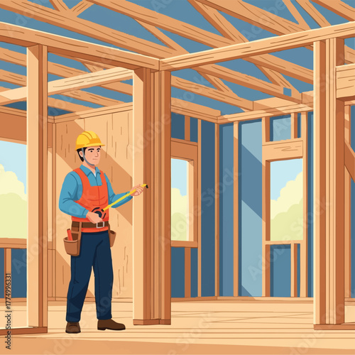 A construction worker measures the interior of a partially constructed wood-framed building, wearing a hardhat and tool belt, in a cartoon-style illustration.