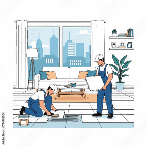 Two construction workers install floor tiles in a modern living room, with a cityscape visible through the window, creating a domestic scene.