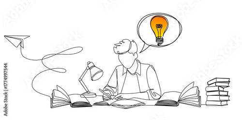 Continuous single line drawing of a thinking woman, speech bubble with light bulb, and paper airplane line art vector illustration