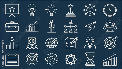 Business and strategy icons collection on dark blue background