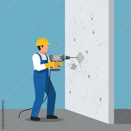 A construction worker uses a drill to bore a hole into a concrete wall during a building renovation project, creating debris.