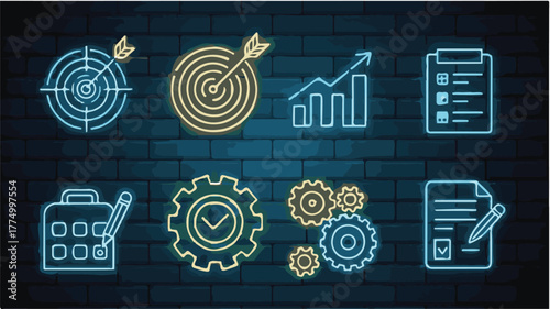 Neon icons representing business goals strategy and efficiency