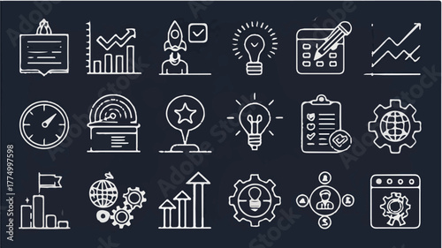 Chalkboard business and startup icons for strategy and growth