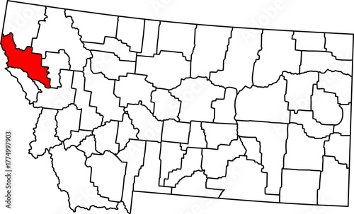 Map of Montana highlighting Sanders County in Red. Perfect for projects on Flathead National Forest, Clark Fork River recreation, mountainous terrain, and Western Montana wilderness.