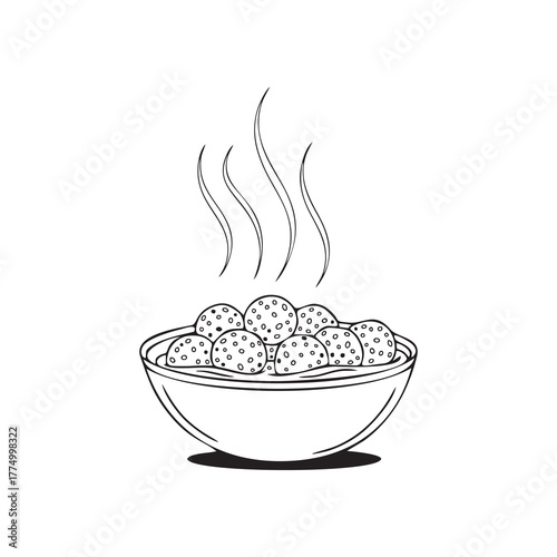 Illustration of a bowl of meatballs with steam rising above them.