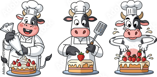 Cute cartoon cow chefs decorating delicious strawberry cake, funny animal bakers cooking dessert, creative farm kitchen illustration, pastry making artwork, bakery concept