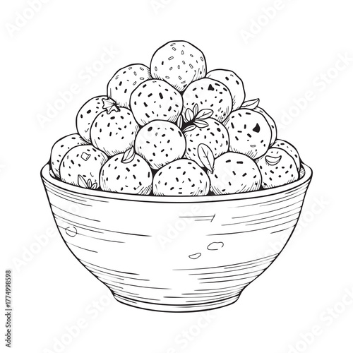 Bowl overflowing with round food items, possibly sweets or snacks, in a sketch style.
