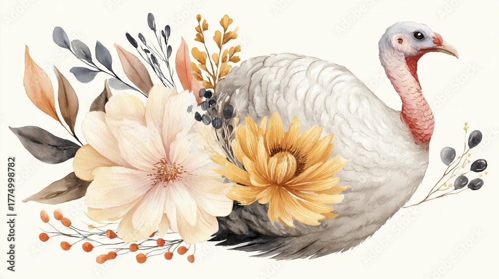Obraz premium Floral Turkey: A charming, floral-adorned turkey, designed with elegant artistry, conveying seasonal warmth and festive cheer, ready to add visual appeal to any occasion.