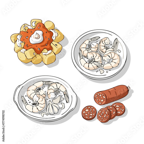 Illustration of Spanish tapas: patatas bravas, shrimp, and chorizo.