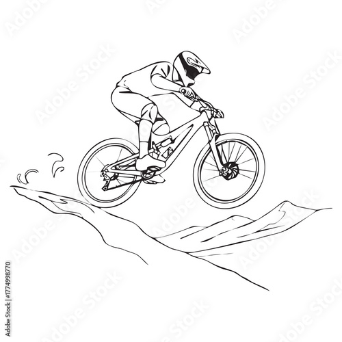 Line drawing of a mountain biker jumping off a hill.