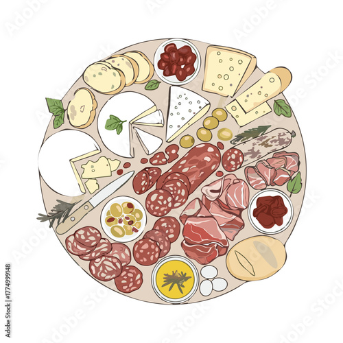 Illustration of a charcuterie board with cheese, meats, and bread.