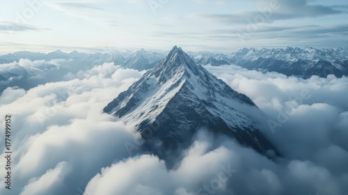 Snowcapped mountain peak rising above a sea of clouds in the alps