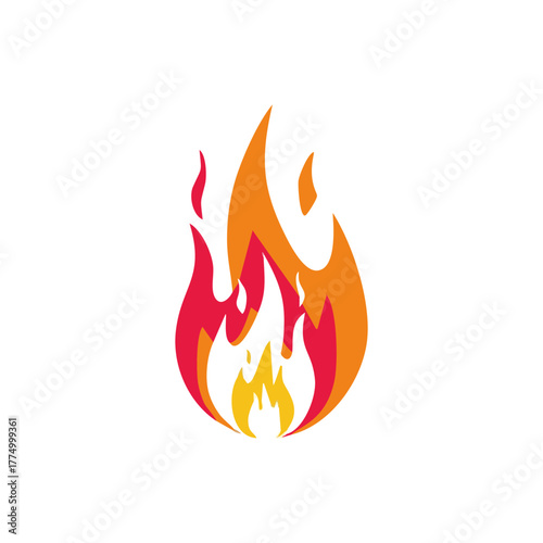 Stylized flame illustration with red, orange, and yellow colors.