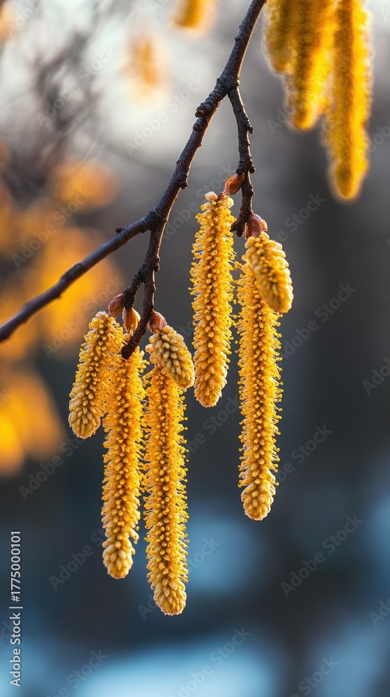 Naklejka premium Close-up of yellow catkins hanging from bare tree branches in soft natural light with blurred background