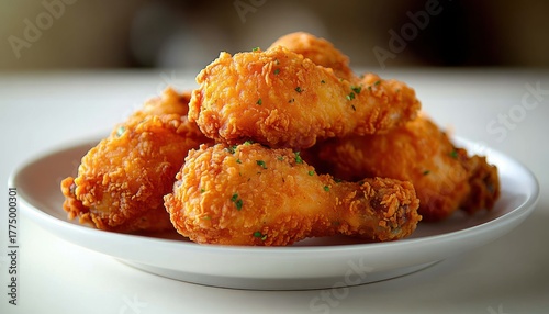 Plate of crispy golden fried chicken drumsticks seasoned with herbs on a white plate with soft blurred background