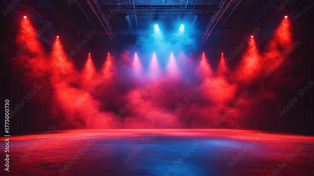 Fototapeta premium Empty stage illuminated with dramatic red and blue stage lights and smoky atmospheric effects creating a vibrant moody ambiance