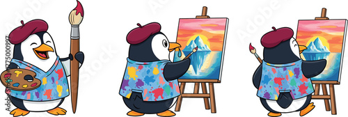 Cute penguin artist painting iceberg on canvas, cartoon character illustration, creative animal painter wearing beret, holding paintbrush and palette