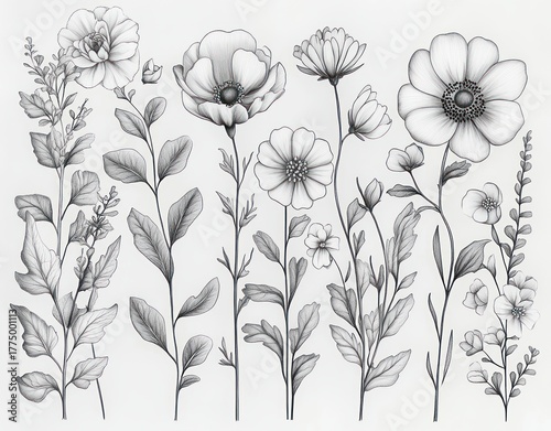Delicate black and white botanical illustration of various slender flower stems with detailed leaves and petals arranged in a neat horizontal line