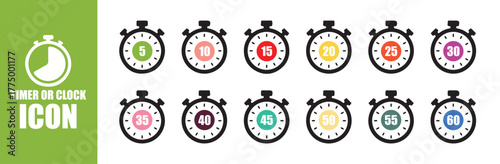 Vibrant Stopwatch Timer Icons. Set of timer clock faces and stopwatch icons. Vector Illustration