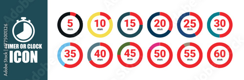 Bold Color Timer Icon Set for Minutes. Timer clock, stopwatch set icons with different time. Label cooking symbols. Vector eps 10