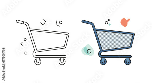 Two shopping cart icons, one an outlined drawing and the other a colorful, filled illustration, representing retail and e-commerce concepts.