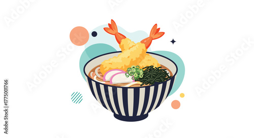 An appealing illustration of classic Japanese tempura udon noodle soup, featuring golden fried shrimp and fresh toppings, presented in a stylish striped bowl.