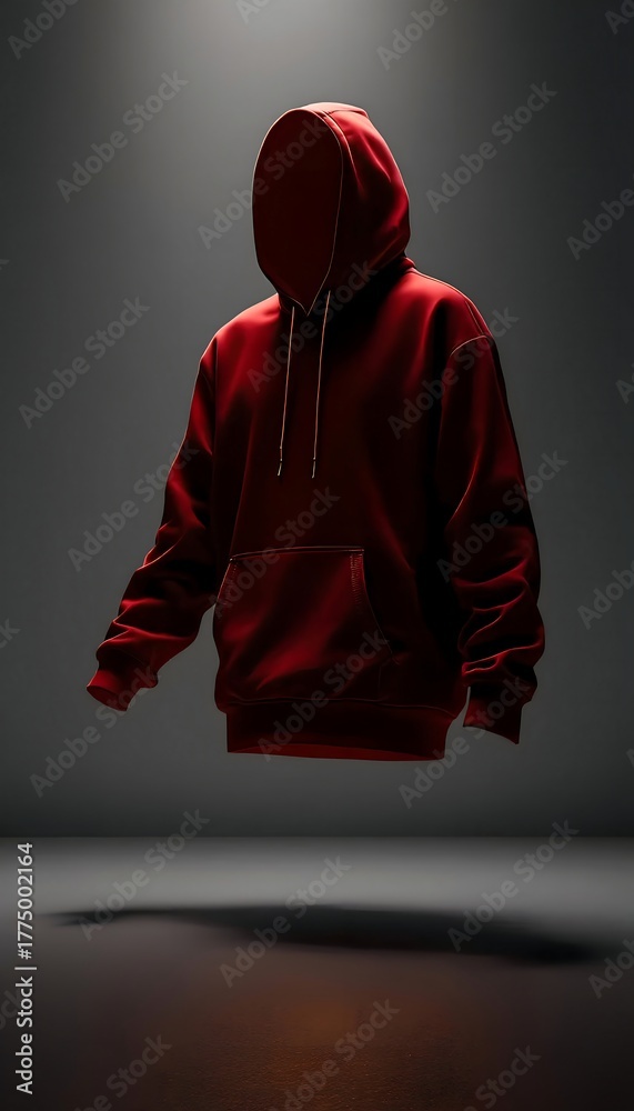 Fototapeta premium Red hoodie floating in dark space, mysterious fashion concept, perfect for streetwear brands and apparel design