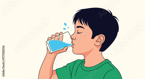 An illustration of a young boy taking a refreshing sip of water from a clear glass, promoting healthy hydration.