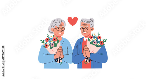 A loving elderly couple smiles, holding bouquets of flowers and performing a graceful hand gesture, with a red heart symbolizing their enduring affection.