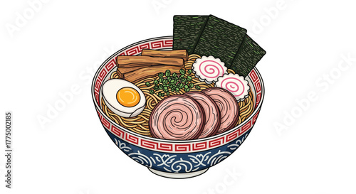 Detailed illustration of a Japanese ramen bowl, with noodles, chashu pork, soft-boiled egg, nori seaweed, bamboo shoots, narutomaki, and green onions.