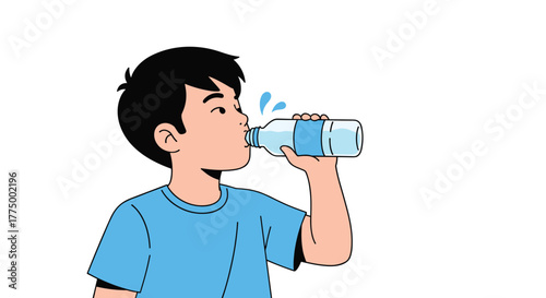 A young boy in a blue t-shirt is actively drinking refreshing water from a plastic bottle, emphasizing hydration and health.