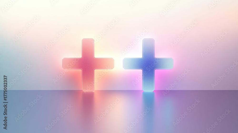 Obraz premium two glowing crosses standing side by side with soft pink, orange, and blue light reflections on a smooth surface and a gradient pastel background creating a serene atmosphere