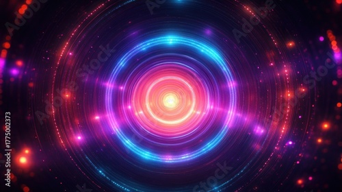 Bright glowing circular light pattern with blue, purple, and orange neon rings radiating outward in a dark abstract space
