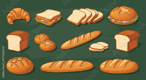 An assortment of freshly baked bread, rolls, sandwiches, and pastries arranged on a dark green background.
