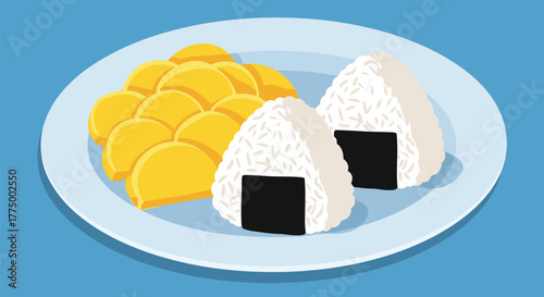 Two onigiri rice balls with nori seaweed and a pile of yellow pickled daikon radish (takuan) are presented on a white plate against a blue background.