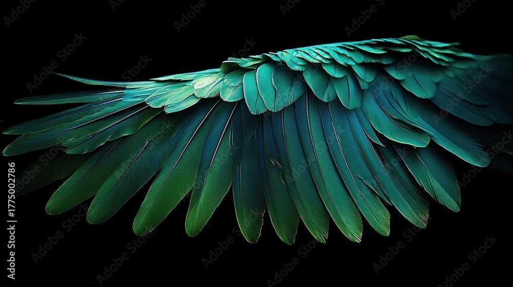 Obraz premium Close-up of a vibrant green and blue bird wing spread out against a black background showcasing detailed feathers with a smooth gradient of colors