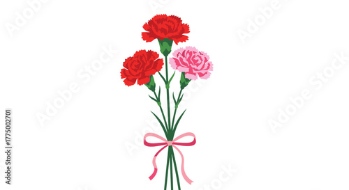 A vibrant bouquet of two red and one pink carnation flowers with green stems, tied with a decorative pink ribbon, on a clean white background.