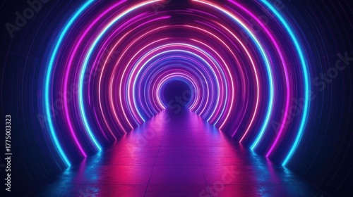 Futuristic tunnel with concentric neon rings in pink, purple, and blue glowing softly over a dark floor, creating a vibrant and immersive pathway
