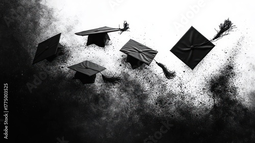 black graduation caps mid-air against white and dark smoky background symbolizing celebration and achievement