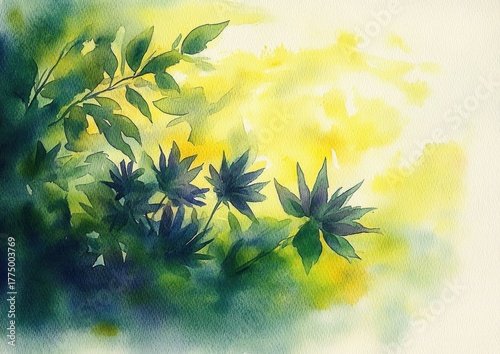 Abstract watercolor painting of green leafy branches and spiky dark flowers with a soft yellow and green blurred background evoking calm and nature